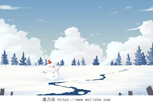 卡通唯美冬天景色插画类横板大雪背景